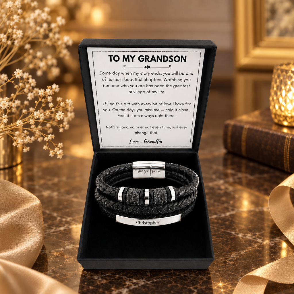 From GrandPa To  Grandson — Personalized Name Leather Bracelet Gift Set